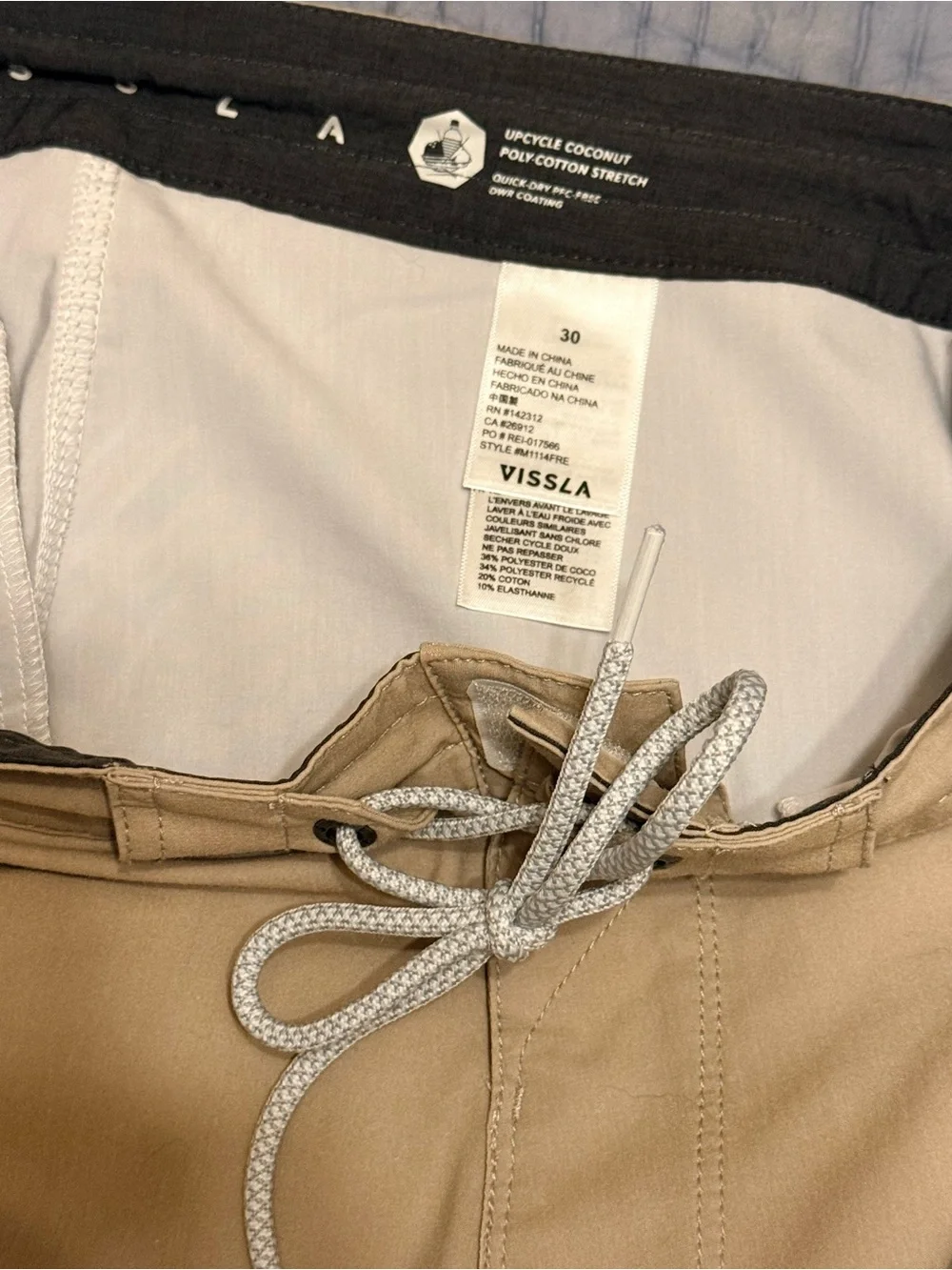 VISSLA Beige Swim Board Shorts with Olive and White Stripes
